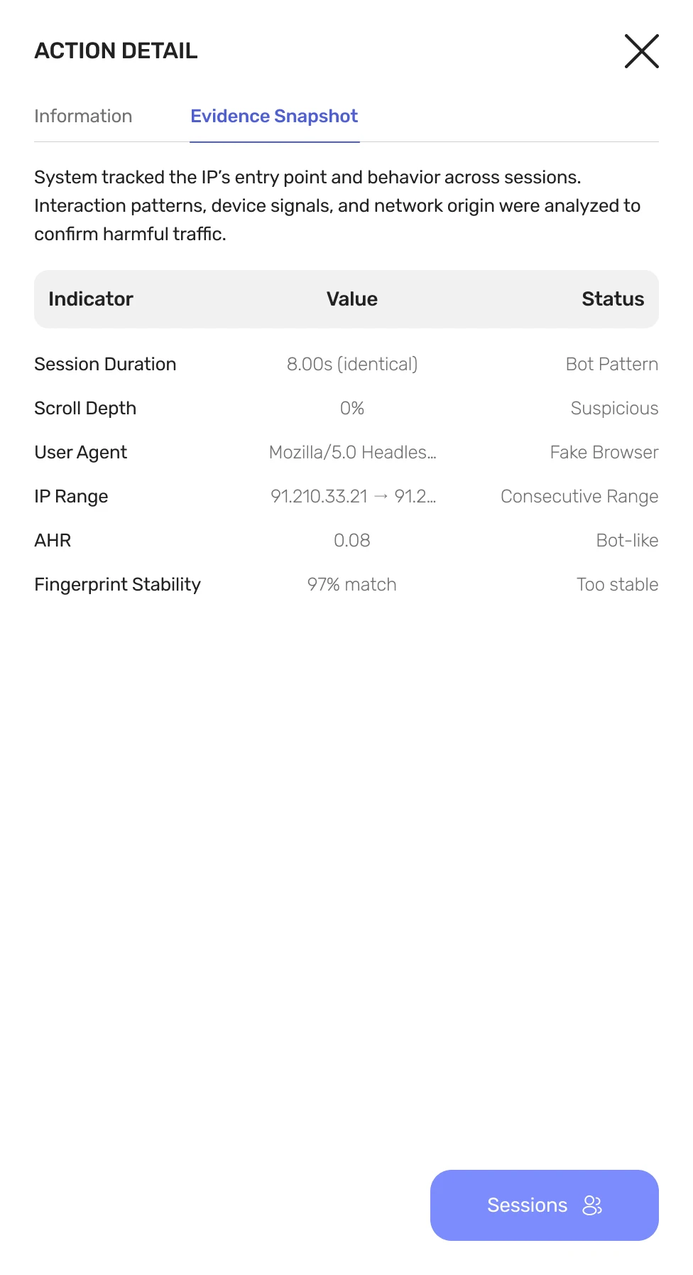 Drawer — Evidence Snapshot tab
